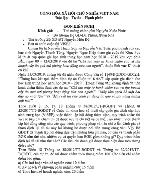 Nội dung Đơn kiến nghị gửi c&aacute;c cơ quan chức năng Bộ GD&amp;amp;amp;ĐT của c&aacute;c phụ huynh c&oacute; con em tham gia cuộc thi.