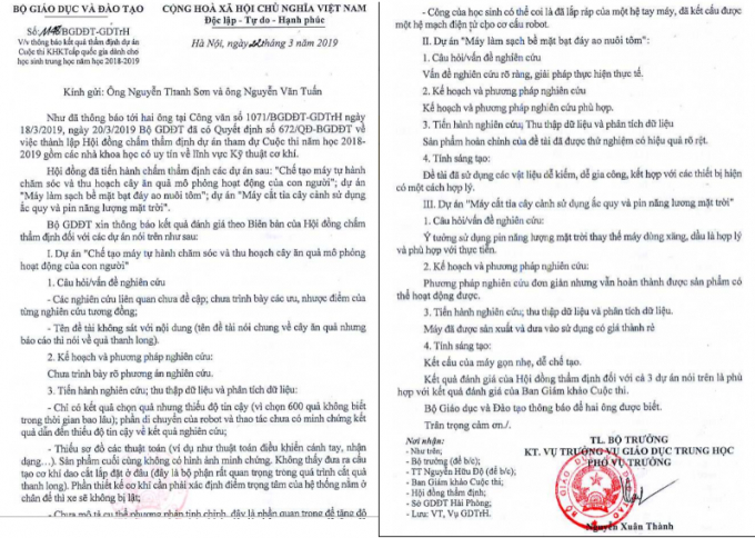 C&aacute;c nội dung văn bản của Bộ GD&amp;amp;amp;ĐT gửi tới c&aacute;c phụ huynh về kết quả chấm thẩm định c&aacute;c đề &aacute;n tham dự cuộc thi.