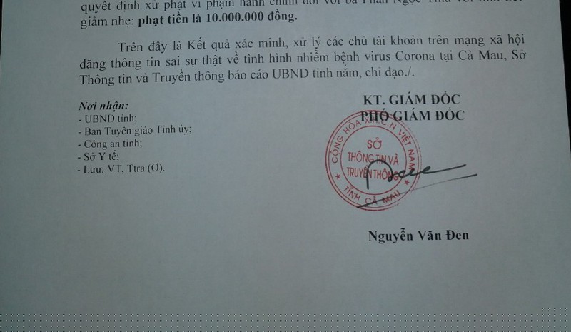 Sở Thông tin và Truyền thông tỉnh Cà Mau vừa có quyết định xử phạt vi phạm hành chính đối với chủ tài khoản Facebook “Phúc K” và “Lizz’y P” vì đã có hành vi đăng tin sai sự thật trên mạng xã hội về tình hình nhiễm bệnh Virus Corona tại Cà Mau.