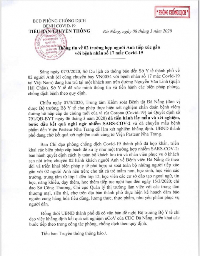 Thông tin liên quan hai du khách người Anh đi cùng chuyến bay trường hợp thứ 17 nhiễm Covid-19.