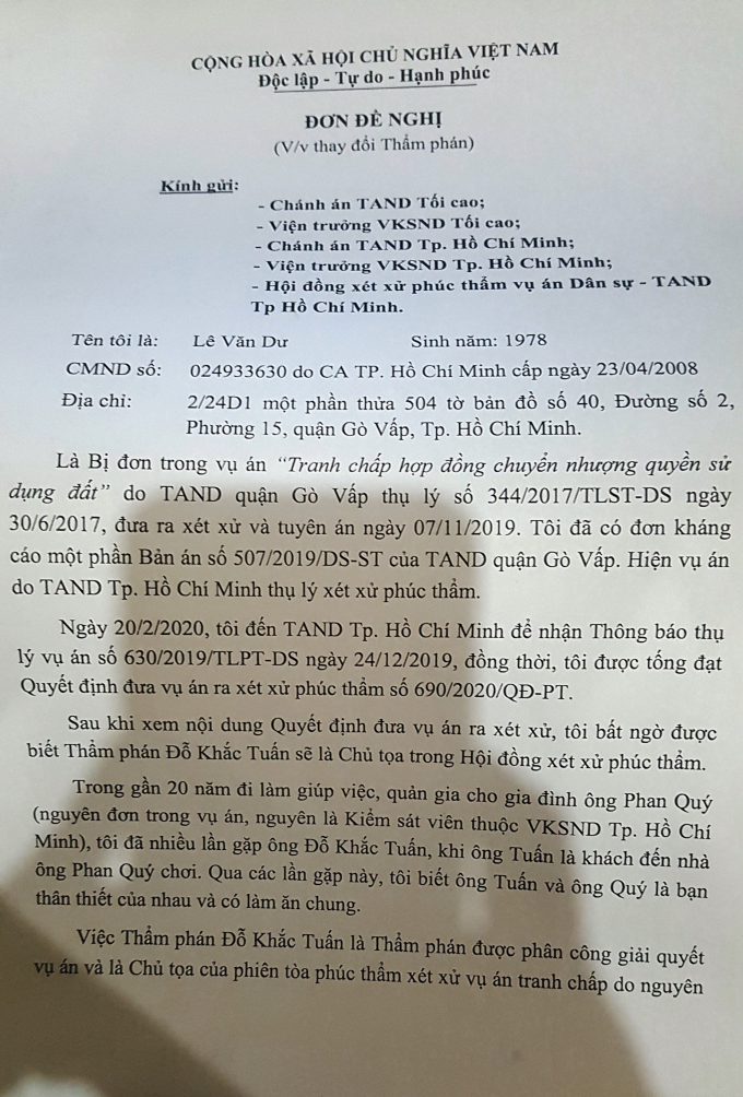 Đơn kiến nghị thay đổi thẩm phán của ông Dư.