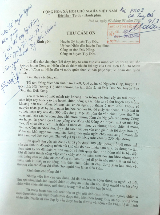 Thư cảm ơn của ông Sản