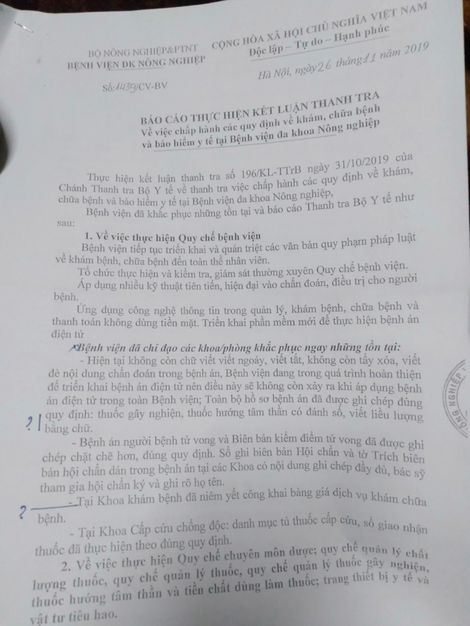 Báo cáo số 1439/CV-BV ngày 26/11/2019 trả lời kết luận gửi về Thanh tra Bộ Y tế của Bệnh viện Nông Nghiệp