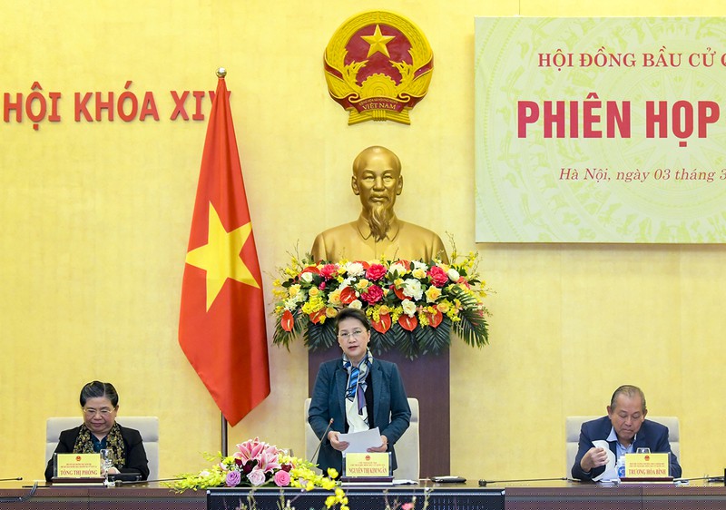 Chủ tịch Quốc hội, Chủ tịch Hội đồng Bầu cử quốc gia Nguyễn Thị Kim Ngân phát biểu tại Phiên họp thứ Hai của Hội đồng Bầu cử quốc gia. Ảnh: quochoi.vn