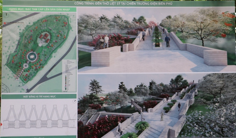 Công trình gồm các hạng mục chính: Đền thờ chính, nhà Tiền tế, các nhà Tả vu, Hữu vu, nhà dịch vụ. Trong đó, Đền thờ chính có kết cấu công trình sử dụng bê tông cốt thép đổ toàn khối, kết hợp hệ kết cấu gỗ theo kiến trúc truyền thống, mái lợp ngói, nền nhà và bậc lát đá granit.