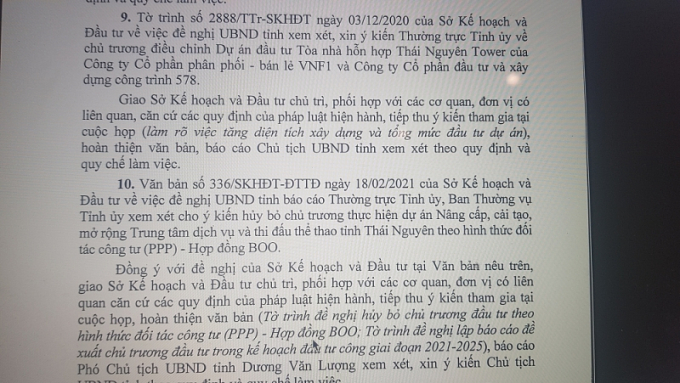 Chủ tịch UBND tỉnh Thái Nguyên Trịnh Việt Hùng đã chỉ đạo Sở KH&amp;amp;ĐT chủ trì, phối hợp với các đơn vị liên quan làm rõ việc tăng diện tích xây dựng và tổng mức đầu tư tại Dự án Dự án tòa nhà hỗn hợp Thái Nguyên Tower