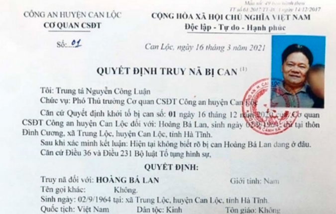 Quyết định truy nã bị can đối với Hoàng Bá Lan.