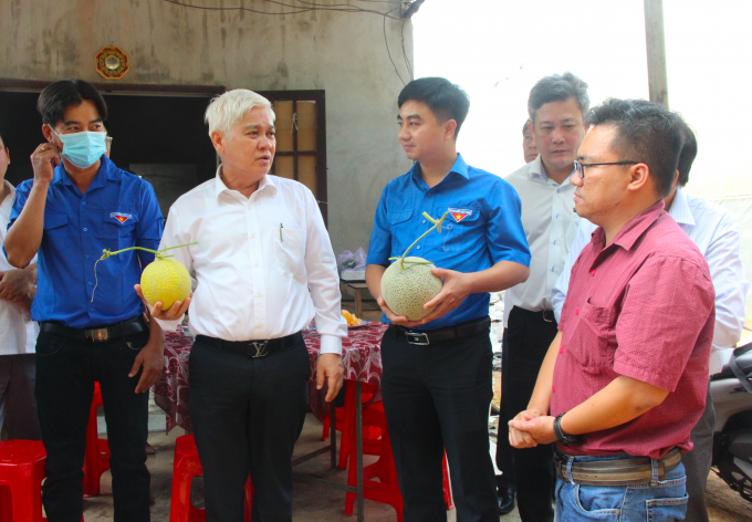 Bí thư Tỉnh ủy Bình Phước Nguyễn Văn Lợi (thứ hai, từ trái sang) và Bí thư Tỉnh Đoàn Bình Phước Trần Quốc Duy (thứ ba, từ trái sang) trao đổi với các thanh niên ở xã Lộc Hưng, huyện Lộc Ninh khởi nghiệp với mô hình trồng dưa lưới