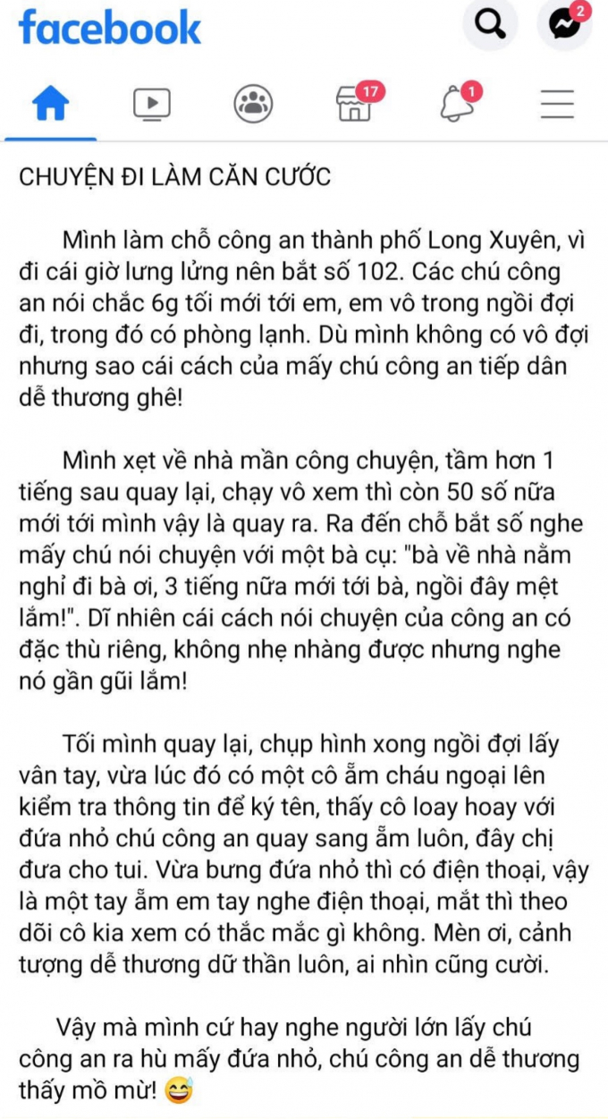 Một tài khoản Facebook cập nhật bài viết kể những mẩu chuyện về quá trình phục vụ của cán bộ Công an dành cho người dân tại điểm thu nhận hồ sơ cấp CCCD