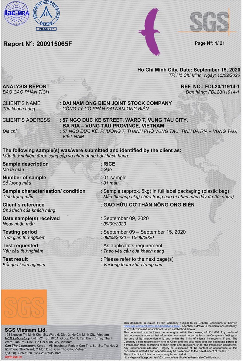 Giấy chứng nhận Gạo Ong Biển đã vượt qua hàng trăm chỉ tiêu kiểm định của SGS Thụy Sỹ.  