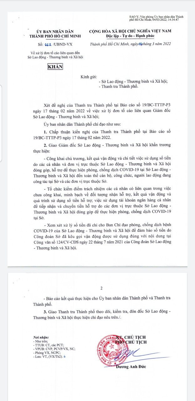 Văn bản chỉ đạo của UBND TP HCM liên quan đến việc công khai số tiền kêu gọi hỗ trợ Covid-19 tại Sở LĐ,TB&amp;amp;XH TP.HCM