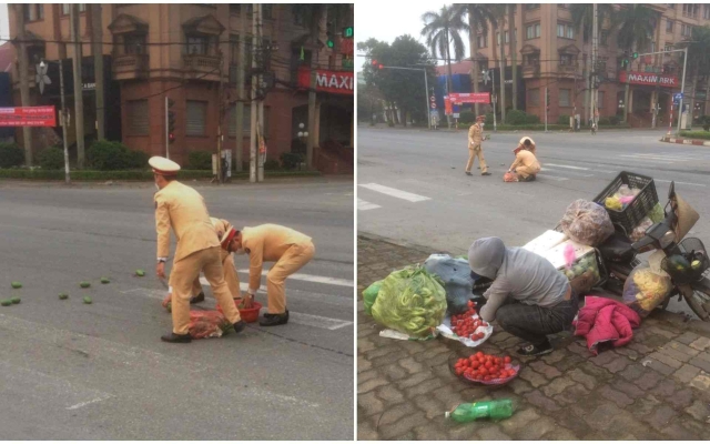 Hình ảnh đẹp của CSGT giúp tiểu thương thu gom hàng hóa rơi trên đường