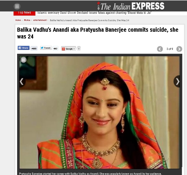 Nữ diễn vi&ecirc;n&nbsp;Pratyusha Banerjee qua đời ở tuổi 25.