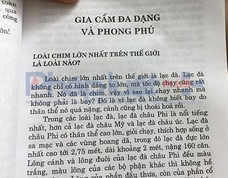 Cuốn s&aacute;ch thiếu nhi g&acirc;y x&ocirc;n xao dư luận c&oacute; đoạn khẳng định &ldquo;Lạc đ&agrave; l&agrave; lo&agrave;i chim lớn nhất thế giới,&hellip;c&aacute;nh cũng bị tho&aacute;i h&oacute;a rồi,&hellip;&rdquo;.