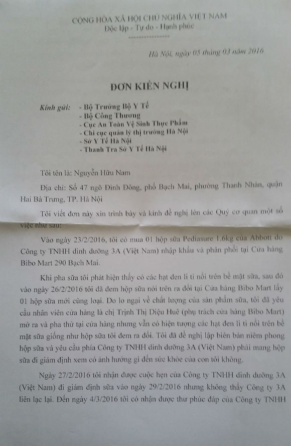 Đơn kiến nghị của kh&aacute;ch h&agrave;ng Nguyễn Hữu Nam gửi tới c&aacute;c cơ quan chức năng đề nghị l&agrave;m r&otilde; chất lượng sản phẩm sữa PediaSure.