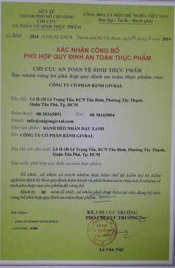 Giấy x&aacute;c nhận &ldquo;C&ocirc;ng bố ph&ugrave; hợp quy định an to&agrave;n thực phẩm&rdquo;.