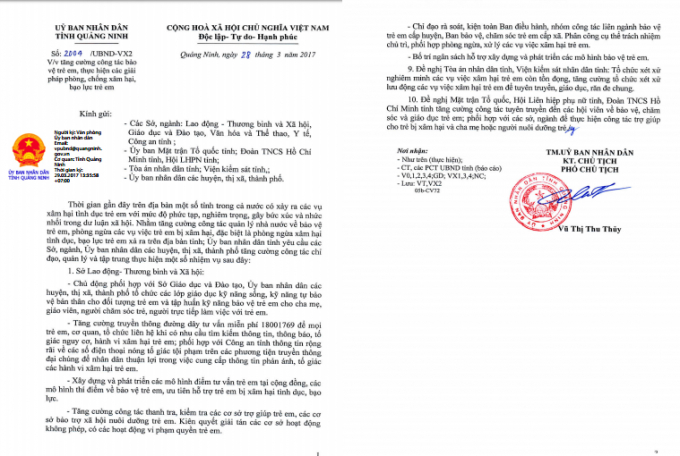 Nội dung Văn bản chỉ đạo của l&atilde;nh đạo UBND tỉnh Quảng Ninh.