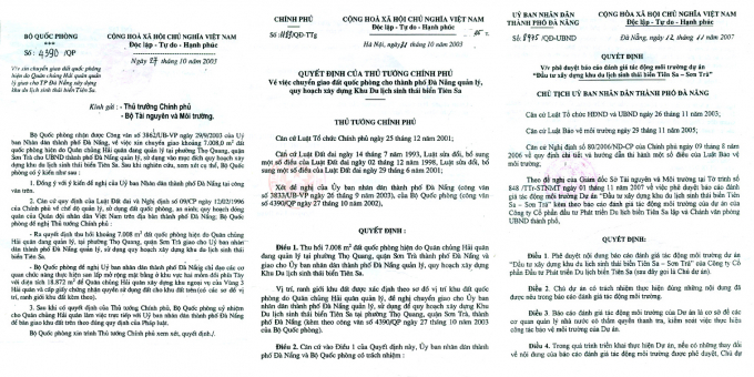 C&aacute;c văn bản li&ecirc;n quan đến việc quy hoạch x&acirc;y dựng Khu du lịch sinh th&aacute;i biển Ti&ecirc;n Sa.