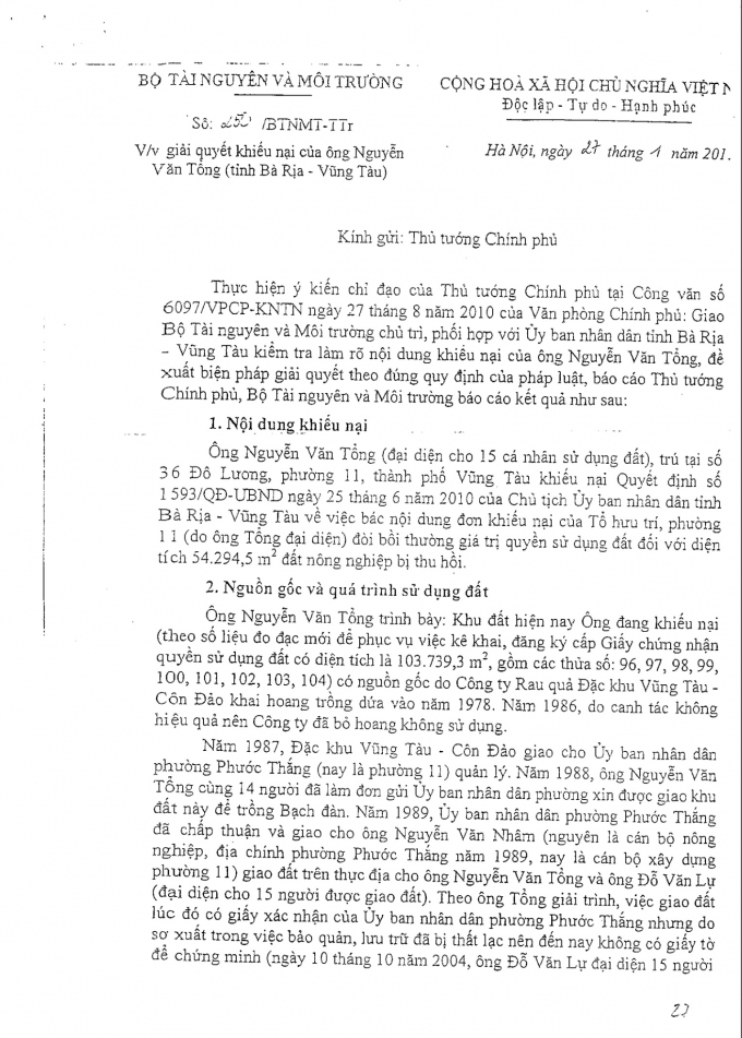 Bộ T&agrave;i nguy&ecirc;n- M&ocirc;i trường kiến nghị Thủ tướng Ch&iacute;nh phủ y&ecirc;u cầu UBND tỉnh B&agrave; Rịa- Vũng T&agrave;u giải quyết quyền lợi cho người d&acirc;n.