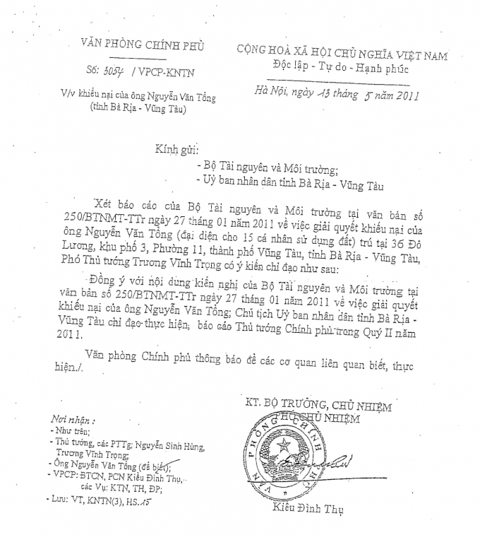 C&ocirc;ng văn số 3054/VPCP-KNTN của Văn ph&ograve;ng Ch&iacute;nh phủ trả lời b&aacute;o c&aacute;o của UBND tỉnh B&agrave; Rịa- Vũng T&agrave;u về vụ khiếu nại.
