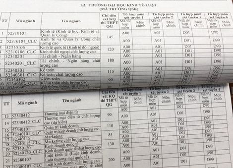 To&agrave;n bộ m&atilde; ng&agrave;nh của trường Đại học Kinh tế - Luật (Đại học Quốc gia TP HCM) trong s&aacute;ch kh&ocirc;ng đ&uacute;ng với th&ocirc;ng tin trường c&ocirc;ng bố. (Ảnh:&nbsp;Mạnh T&ugrave;ng)