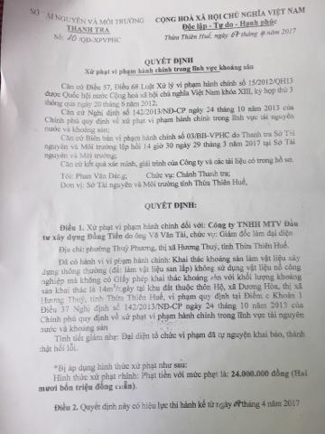 Thừa Thi&ecirc;n Huế: C&ocirc;ng ty Đồng Tiến bị phạt 24 triệu đồng v&igrave; khai th&aacute;c đất tr&aacute;i ph&eacute;p