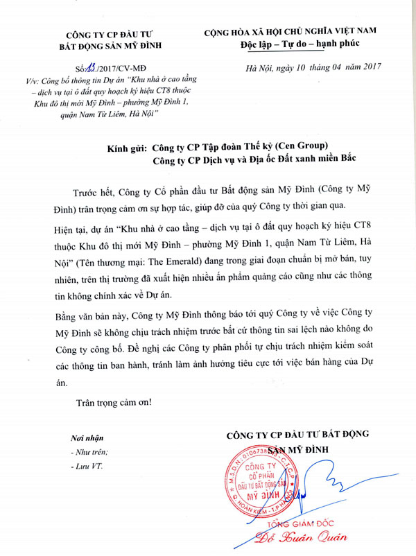 Chủ đầu tư The Emerald CT8 Mỹ Đ&igrave;nh khẳng định dự &aacute;n vẫn chưa mở b&aacute;n