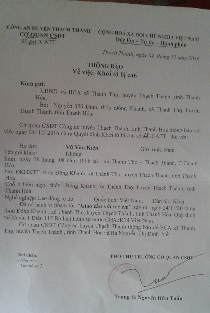 C&ocirc;ng an huyện Thạch Th&agrave;nh ra Quyết định khởi tố bị can Vũ Văn Ki&ecirc;n.