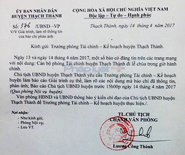 Chủ tịch huyện y&ecirc;u cầu Trưởng ph&ograve;ng T&agrave;i ch&iacute;nh - Kế hoạch huyện phải b&aacute;o c&aacute;o giải tr&igrave;nh vụ mang xe c&ocirc;ng đi lễ ch&ugrave;a.