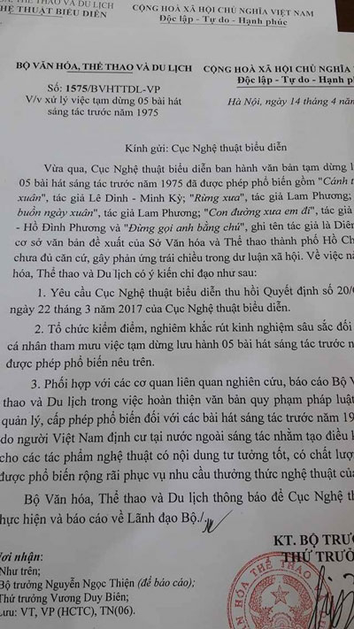 Bộ VH, TT&amp;amp;amp;DL gửi Cục Nghệ thuật Biểu diễn y&ecirc;u cầu thu hồi quyết định tạm dừng lưu h&agrave;nh 5 b&agrave;i h&aacute;t s&aacute;ng t&aacute;c trước 1975.