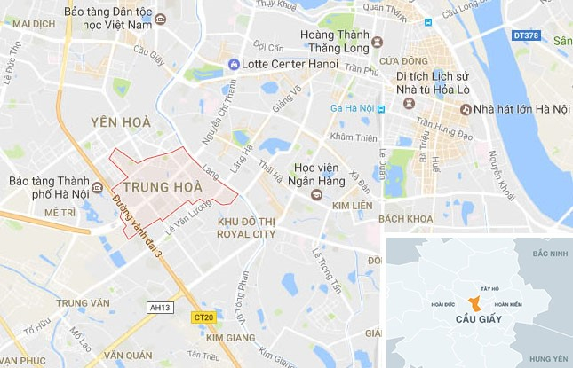 Vụ việc được ph&aacute;t hiện tại nh&agrave; nghỉ ở phường Trung H&ograve;a, quận Cầu Giấy. Ảnh:&nbsp;Google Maps.