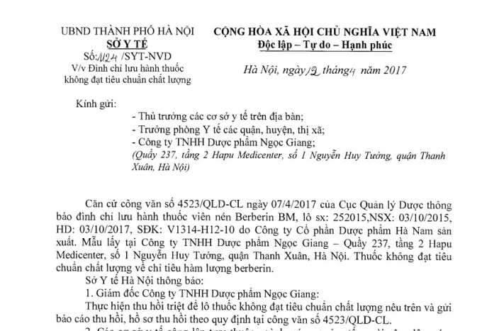 C&ocirc;ng văn&nbsp;gửi Thủ trưởng c&aacute;c đơn vị y tế tr&ecirc;n địa b&agrave;n, trưởng ph&ograve;ng y tế c&aacute;c quận, huyện thị x&atilde; của Sở Y tế H&agrave; Nội.