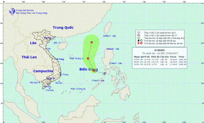 Dự b&aacute;o hướng đi của &aacute;p thấp nhiệt đới. Ảnh: nchfm.gov.vn