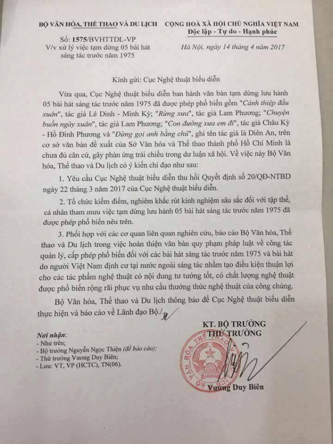 Quyết định của Bộ Văn h&oacute;a thể thao v&agrave; Du lịch về việc y&ecirc;u cầu thu hồi quyết định của Cục nghệ thuật biểu diễn.