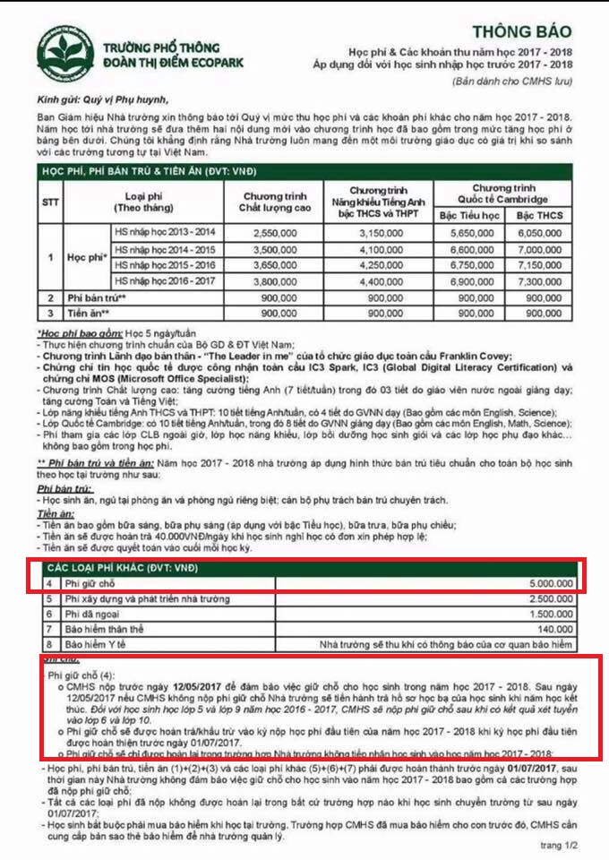 Th&ocirc;ng b&aacute;o đ&oacute;ng học ph&iacute; của trường. Ảnh: phụ huynh cung cấp