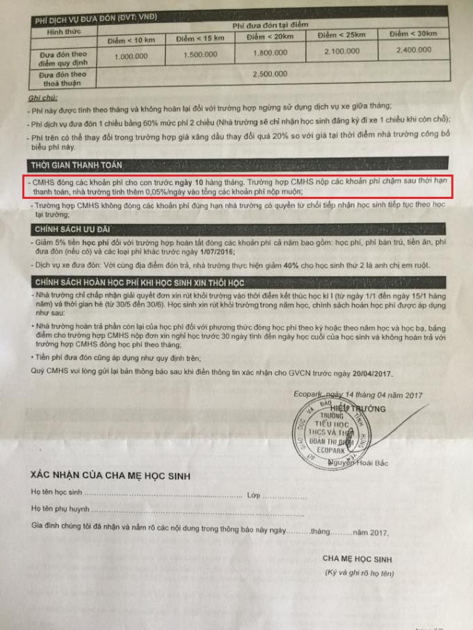 Nếu phụ huynh&nbsp;nộp c&aacute;c khoản ph&iacute; chậm sau thời hạn thanh to&aacute;n, nh&agrave; trường t&iacute;nh th&ecirc;m 0,05%/ng&agrave;y v&agrave;o tổng c&aacute;c khoản ph&iacute; nộp muộn. Ảnh: phụ huynh cung cấp