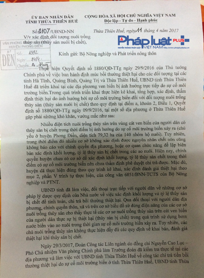 UBND tỉnh Thừa Thi&ecirc;n - Huế đề nghị Bộ NN&amp;amp;amp;PTNT hỗ trợ xử l&yacute; vụ&nbsp;việc vướng mắc tại huyện Phong Điền.