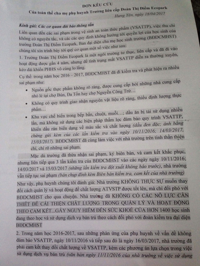 N&oacute;ng: Vụ trường PT Đo&agrave;n Thị Điểm Ecopark, phụ huynh tiếp tục gửi đơn k&ecirc;u cứu