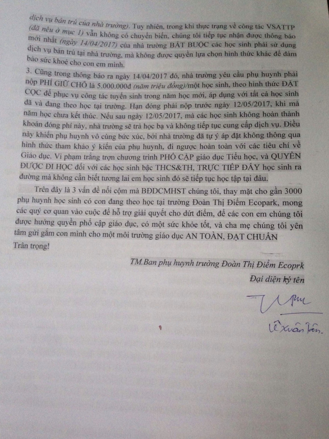 Ảnh chụp đơn k&ecirc;u cứu của ban phụ huynh trường.