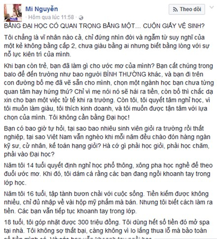 B&agrave;i viết của c&ocirc; tr&ecirc;n trang c&aacute; nh&acirc;n nhận được h&agrave;ng ng&agrave;n lượt chia sẻ.&nbsp;Ảnh: Facebook Mi Nguyễn