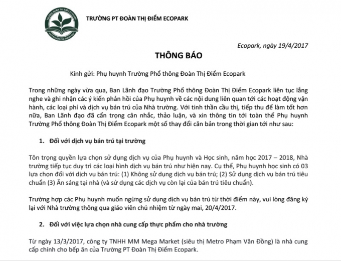 Th&ocirc;ng b&aacute;o của Nh&agrave; trường gửi phụ huynh s&aacute;ng ng&agrave;y 19/4.