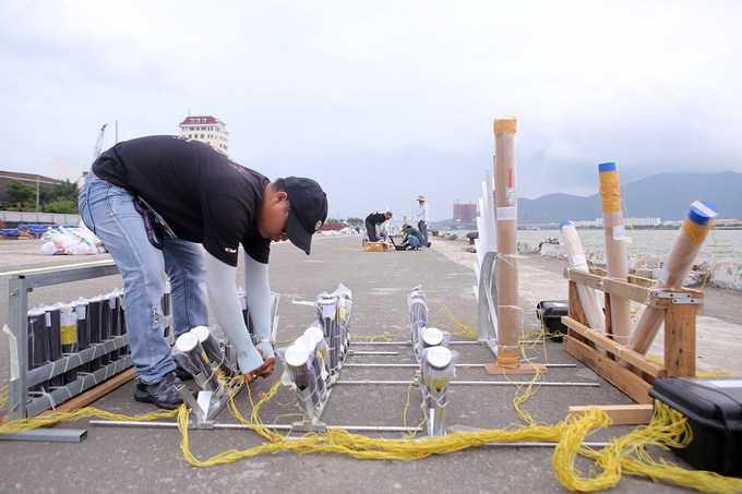 Một nh&acirc;n vi&ecirc;n sắp đặt vị tr&iacute; c&aacute;c gi&agrave;n ph&aacute;o