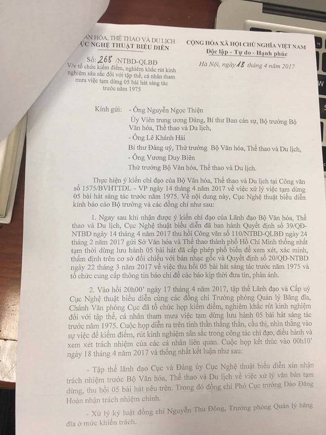 Văn bản gửi Bộ VHTT&amp;amp;amp;DL của Cục NTBD. (Ảnh: HM)