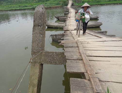 C&acirc;y cầu đang trong t&igrave;nh trạng xuống cấp nghi&ecirc;m trọng. C&aacute;c cột trụ b&ecirc; t&ocirc;ng xi&ecirc;u vẹo phải giữ lại bằng d&acirc;y th&eacute;p.