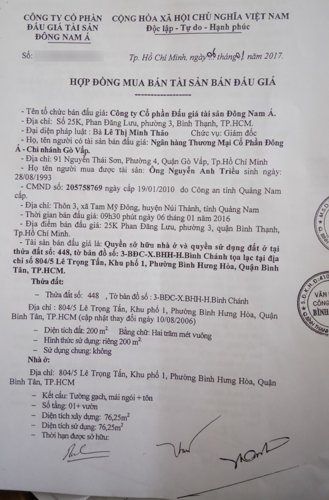 &ldquo;Hợp đồng mua b&aacute;n t&agrave;i sản b&aacute;n đấu gi&aacute;&rdquo; đẩy &ocirc;ng T&acirc;n v&agrave;o nguy cơ mất t&agrave;i sản một c&aacute;ch v&ocirc; l&yacute;.