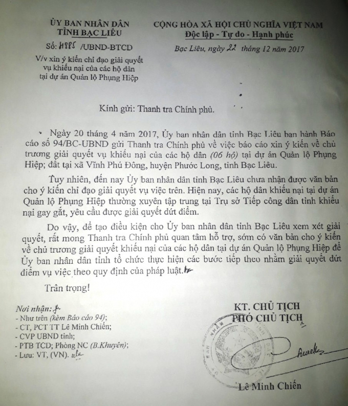 Ng&agrave;y 22/12/2017, UBND tỉnh Bạc Li&ecirc;u c&oacute; c&ocirc;ng văn số 4885/UBND-BTCD gửi Thanh tra Ch&iacute;nh phủ xin &yacute; kiến chỉ đạo giải quyết vụ việc tr&ecirc;n.&nbsp;