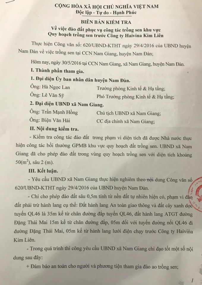 Bi&ecirc;n bản kiểm tra ph&aacute;t hiện nhiều sai phạm trong qu&aacute; tr&igrave;nh thực hiện của ch&iacute;nh quyền địa phương.