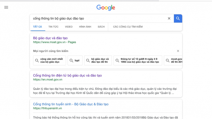 T&igrave;m kiếm tr&ecirc;n trang c&ocirc;ng cụ Google.com