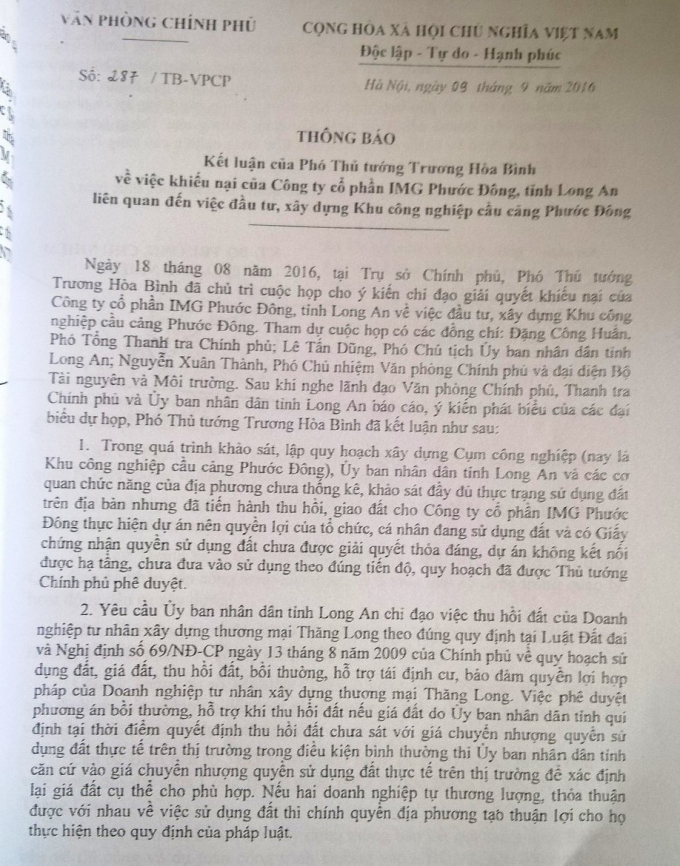Văn bản chỉ đạo của Ph&oacute; Thủ tướng Ch&iacute;nh phủ đ&atilde; kh&ocirc;ng được UBND tỉnh Long An thực thi quyết liệt khiến vụ việc k&eacute;o d&agrave;i.