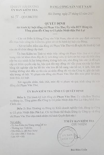 Th&aacute;ng 2/2017, Tổng gi&aacute;m đốc C&ocirc;ng ty cổ phần nhiệt điện Phả Lại Phạm Văn Thư đ&atilde; bị Ủy ban kiểm tra Tỉnh ủy Hải Dương kỷ luật cảnh c&aacute;o.
